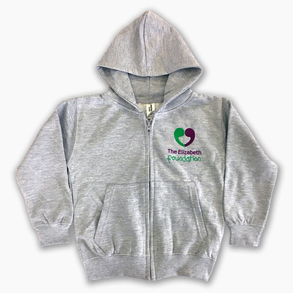 Children's zipped grey hoodie with embroidered Elizabeth Foundation logo
